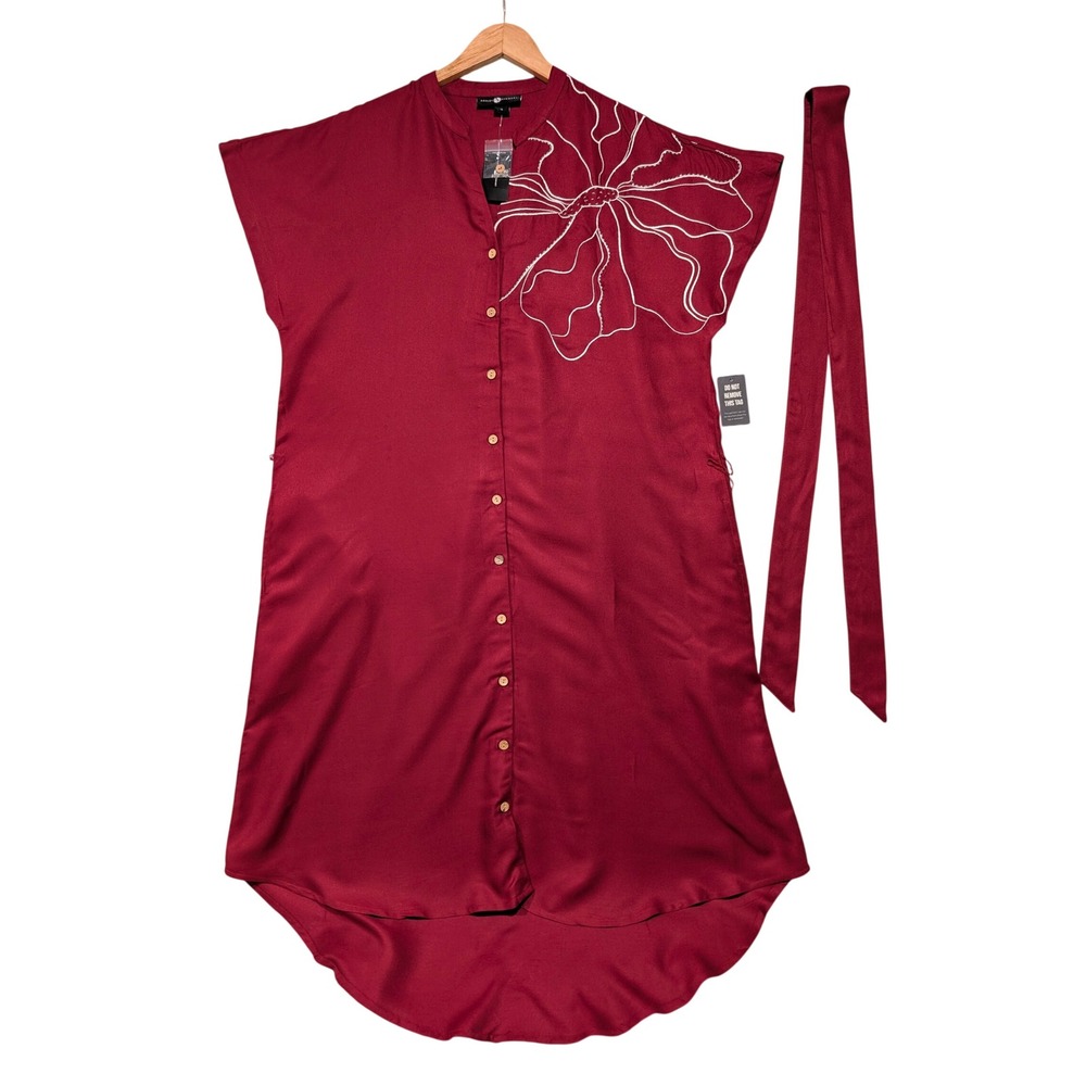 Ashley Stewart Biking Red Soutache Floral Beaded Hi Lo Tie Belted Shirt Dress 12